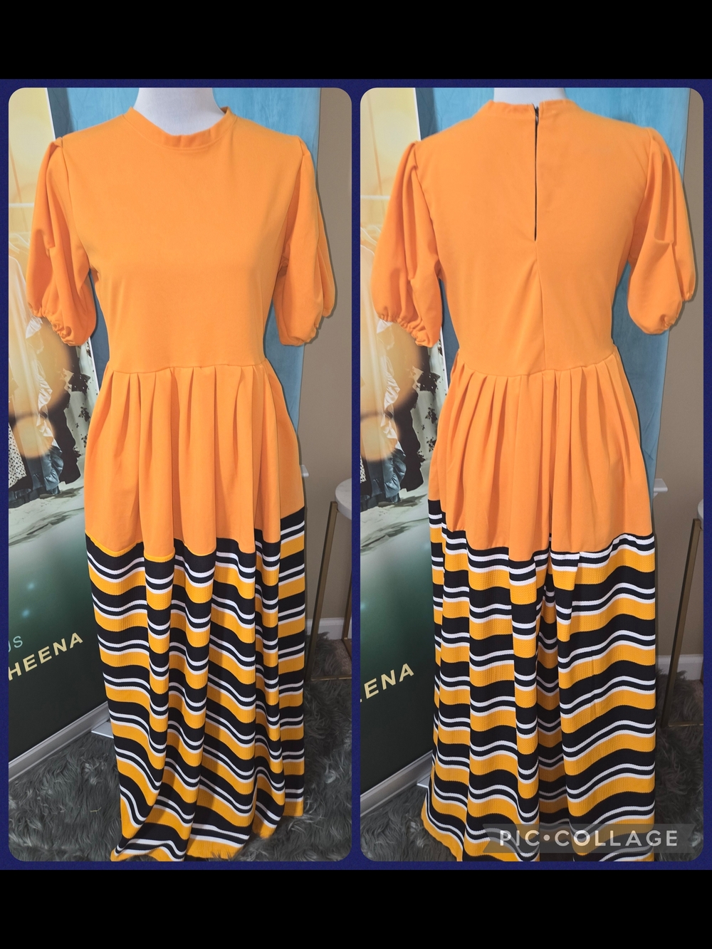 Women’s Orange Puff-Sleeve Maxi Dress with Striped Skirt